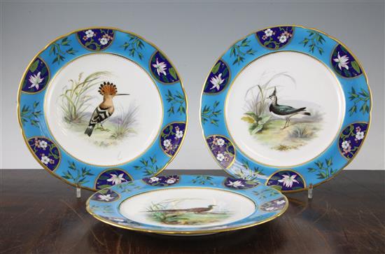 Three Minton cloisonné dessert plates painted with scenes of exotic birds, c.1878, 23.5cm